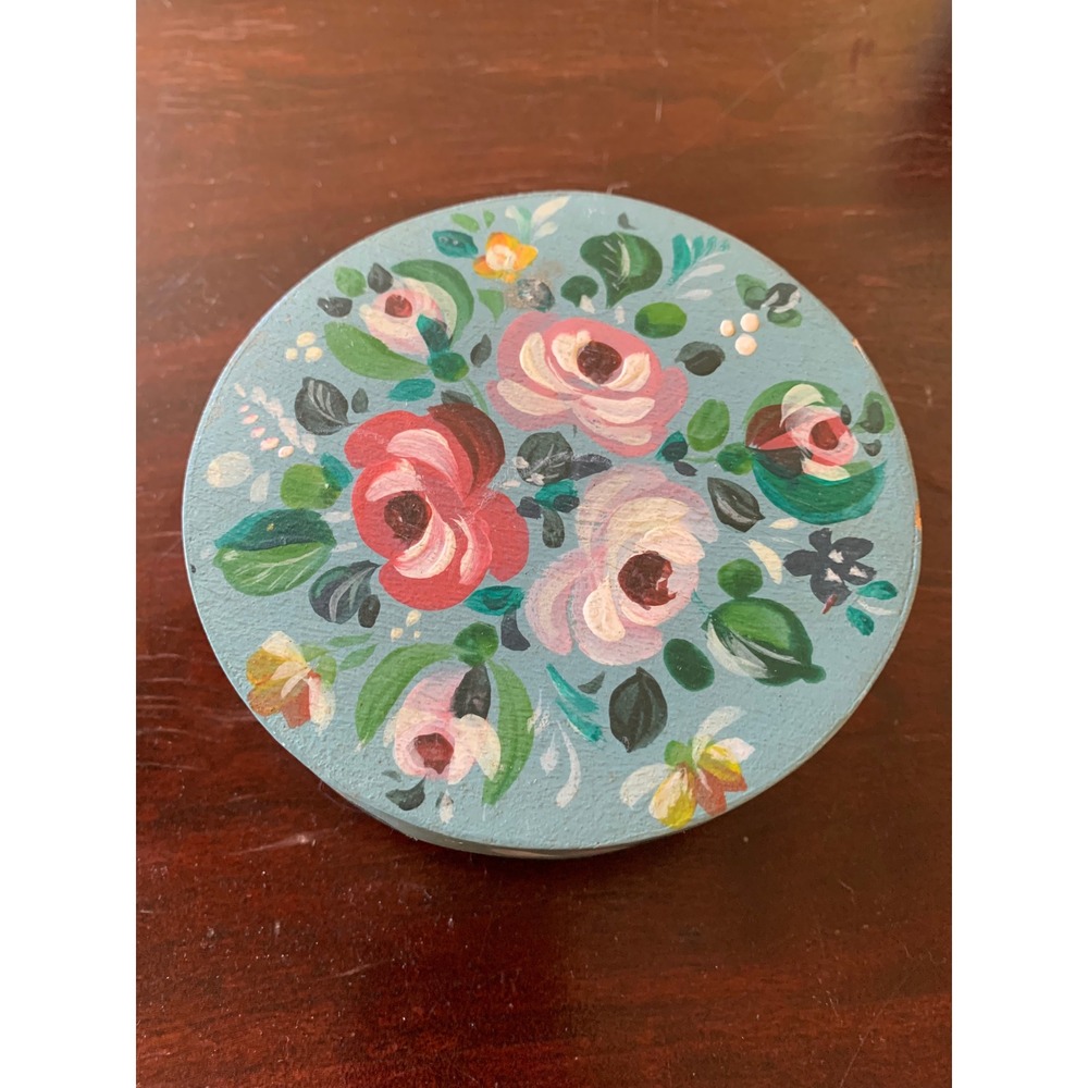 Vintage Hand Painted Floral Wooden Round Trinket Box Blue Rose Folk Art
